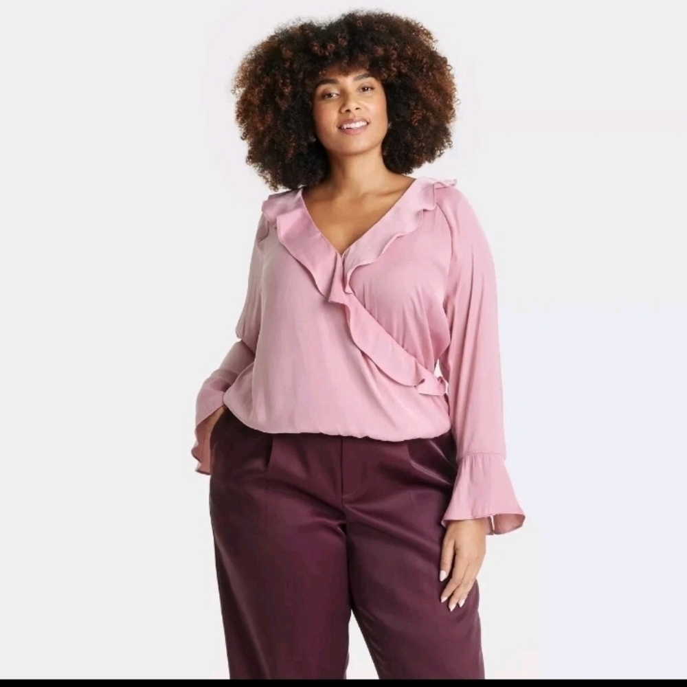 A New Day Women's Flounce Long Sleeve V-Neck Ruffle Wrap Blouse Pink